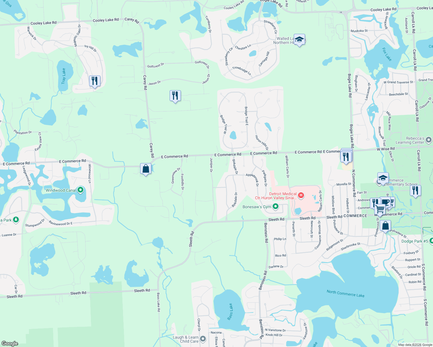map of restaurants, bars, coffee shops, grocery stores, and more near 5024 Juniper Drive in Commerce Charter Township