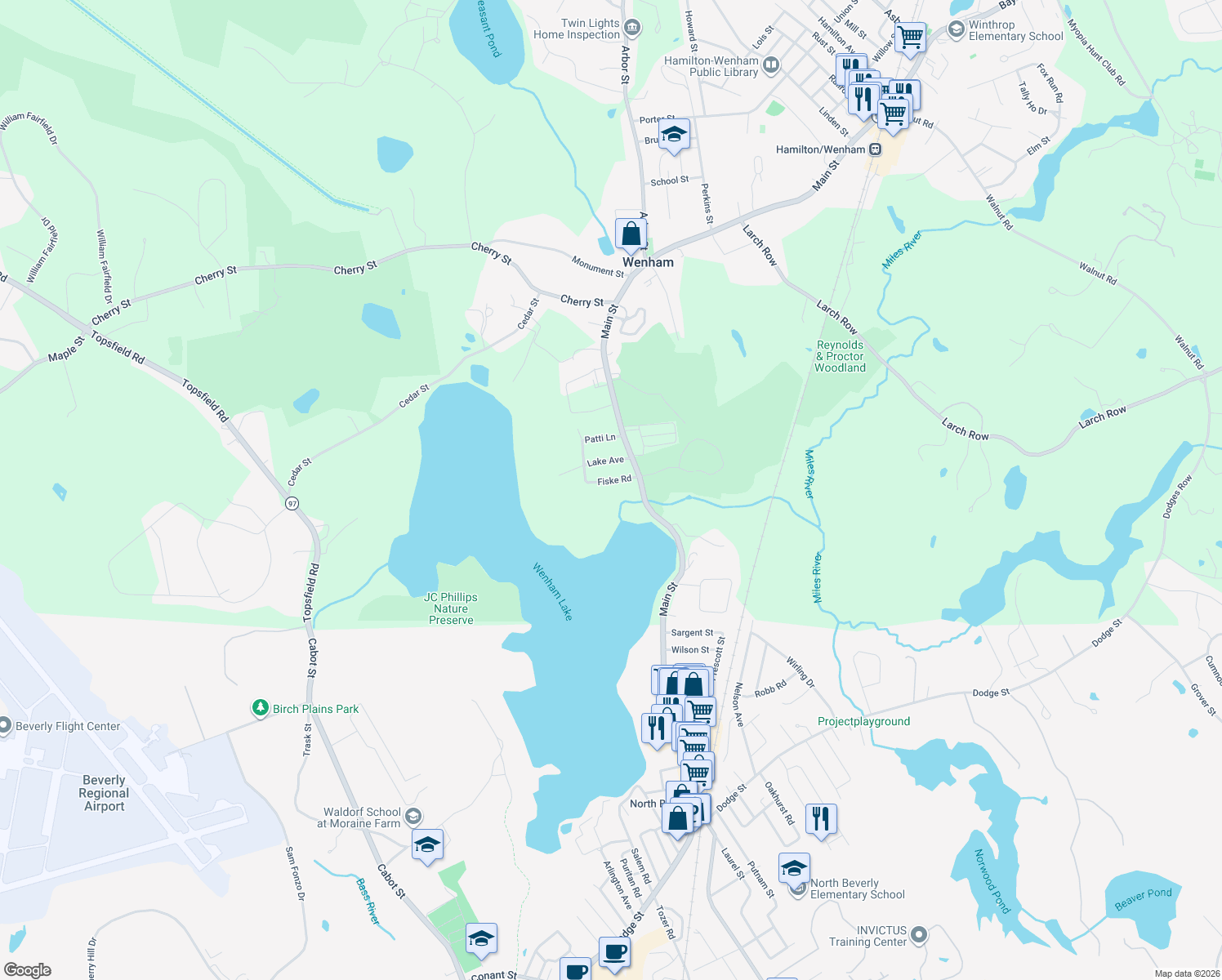 map of restaurants, bars, coffee shops, grocery stores, and more near 11 Fiske Rd in Wenham