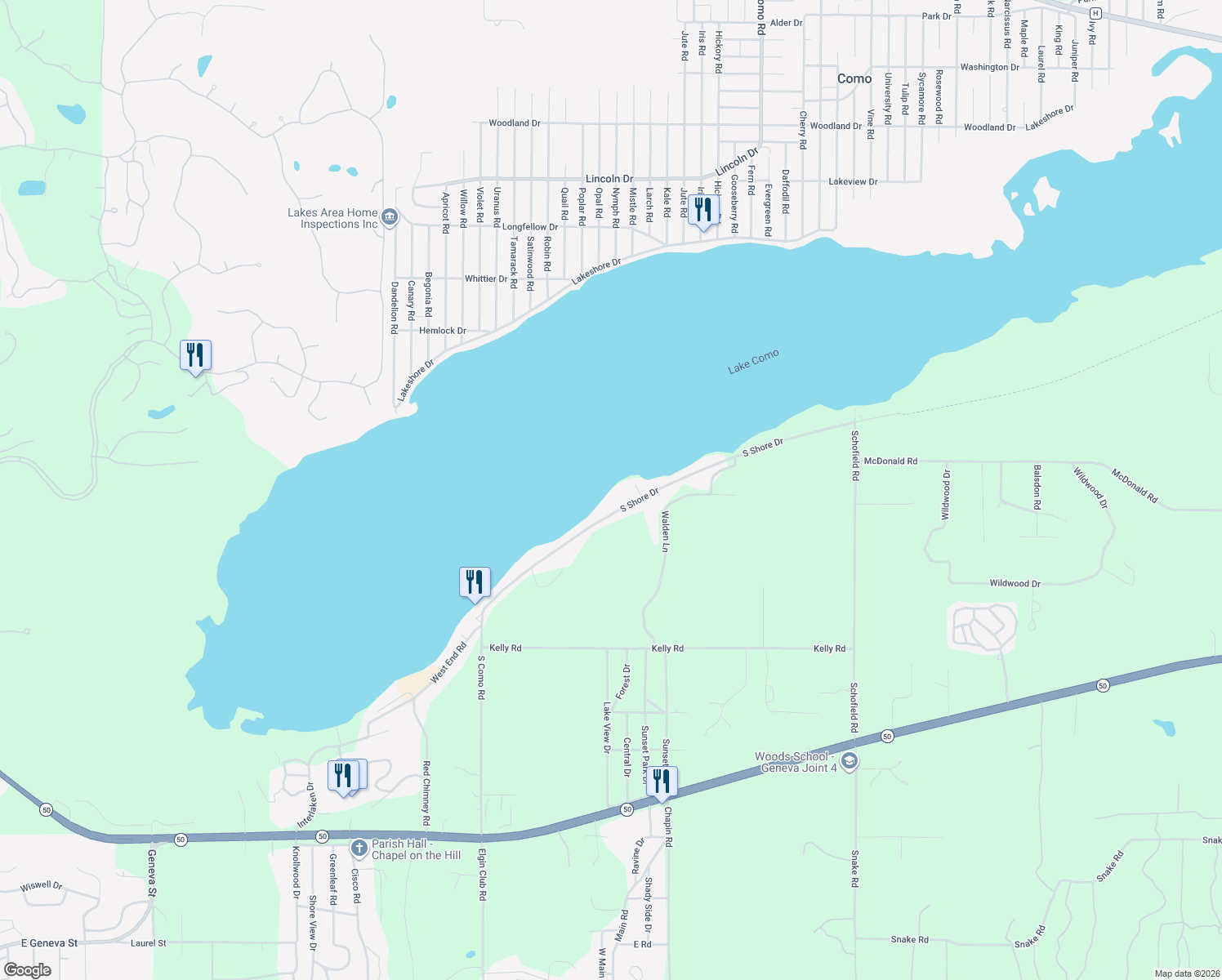 map of restaurants, bars, coffee shops, grocery stores, and more near W3930 South Shore Drive in Lake Geneva