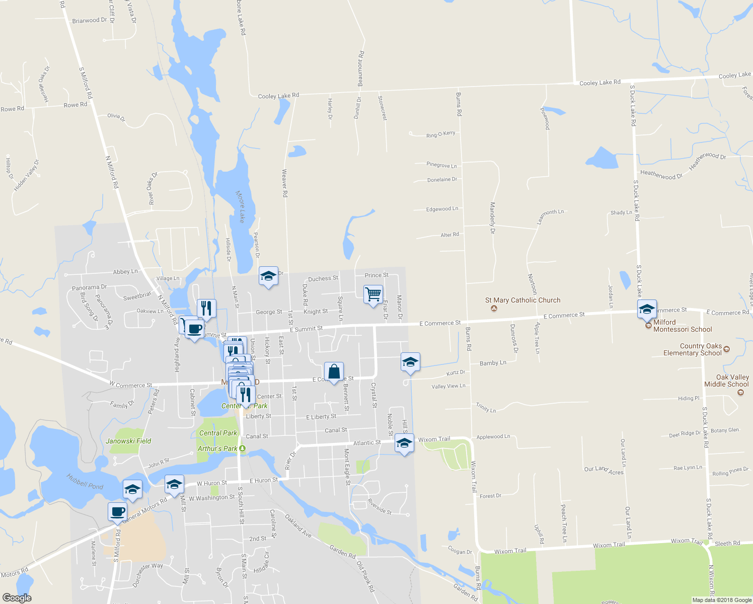 map of restaurants, bars, coffee shops, grocery stores, and more near 1114 Queen Street in Milford Charter Township