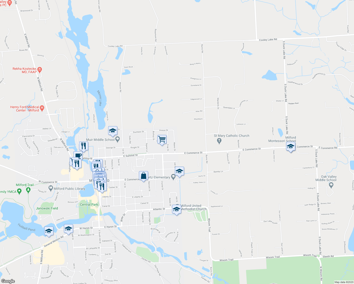 map of restaurants, bars, coffee shops, grocery stores, and more near 764 Manor Drive in Milford Charter Township