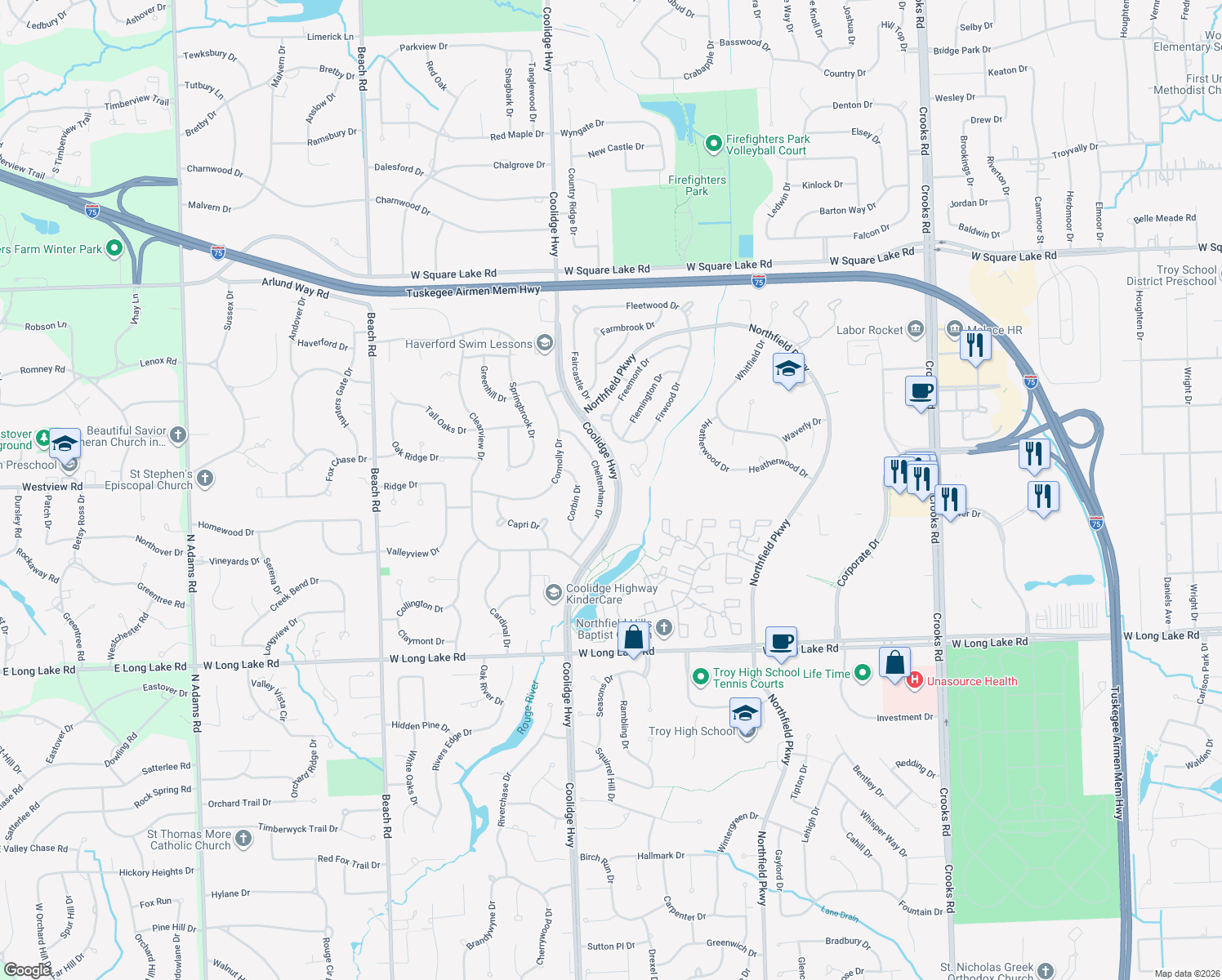 map of restaurants, bars, coffee shops, grocery stores, and more near 5434 Cheltenham Drive in Troy