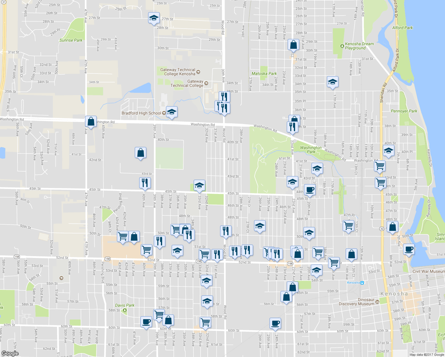 map of restaurants, bars, coffee shops, grocery stores, and more near 4306 30th Avenue in Kenosha
