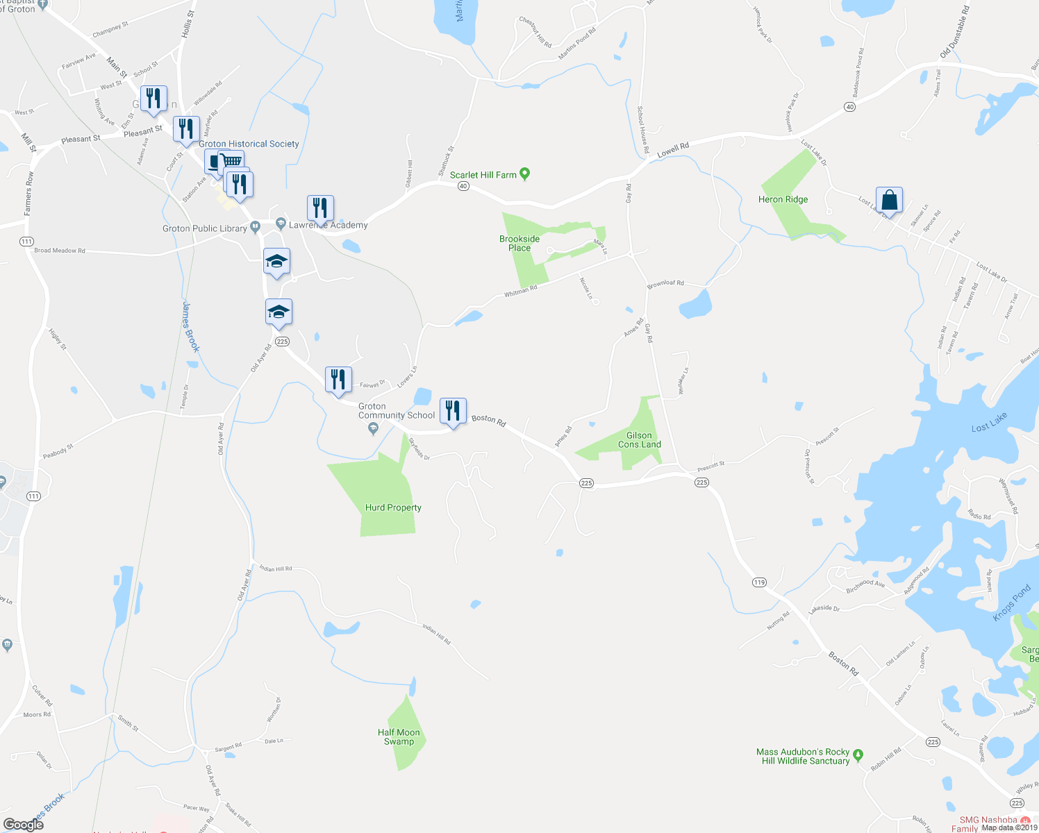 map of restaurants, bars, coffee shops, grocery stores, and more near 227 Boston Road in Groton
