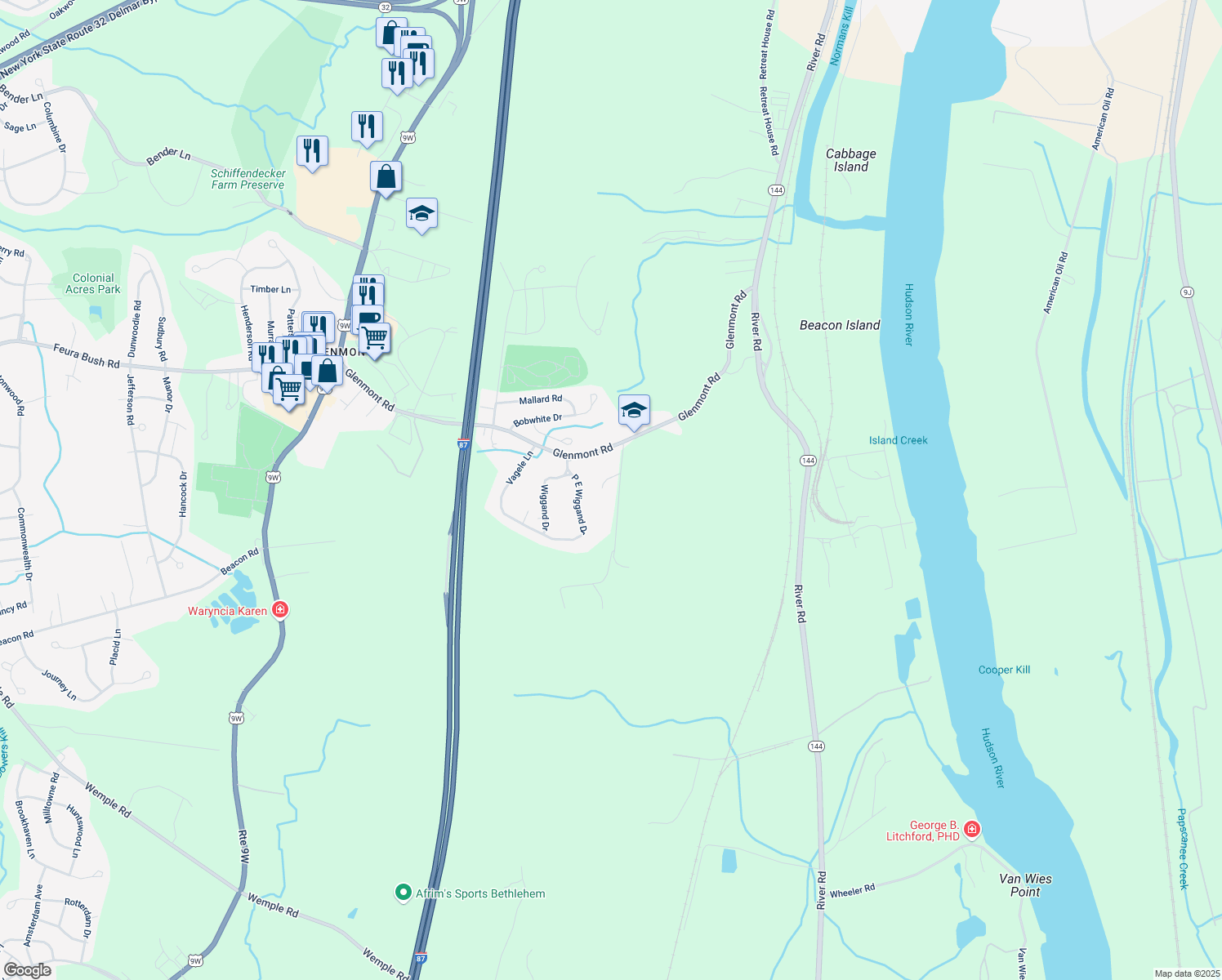 map of restaurants, bars, coffee shops, grocery stores, and more near 29 Hartman Rd in Glenmont