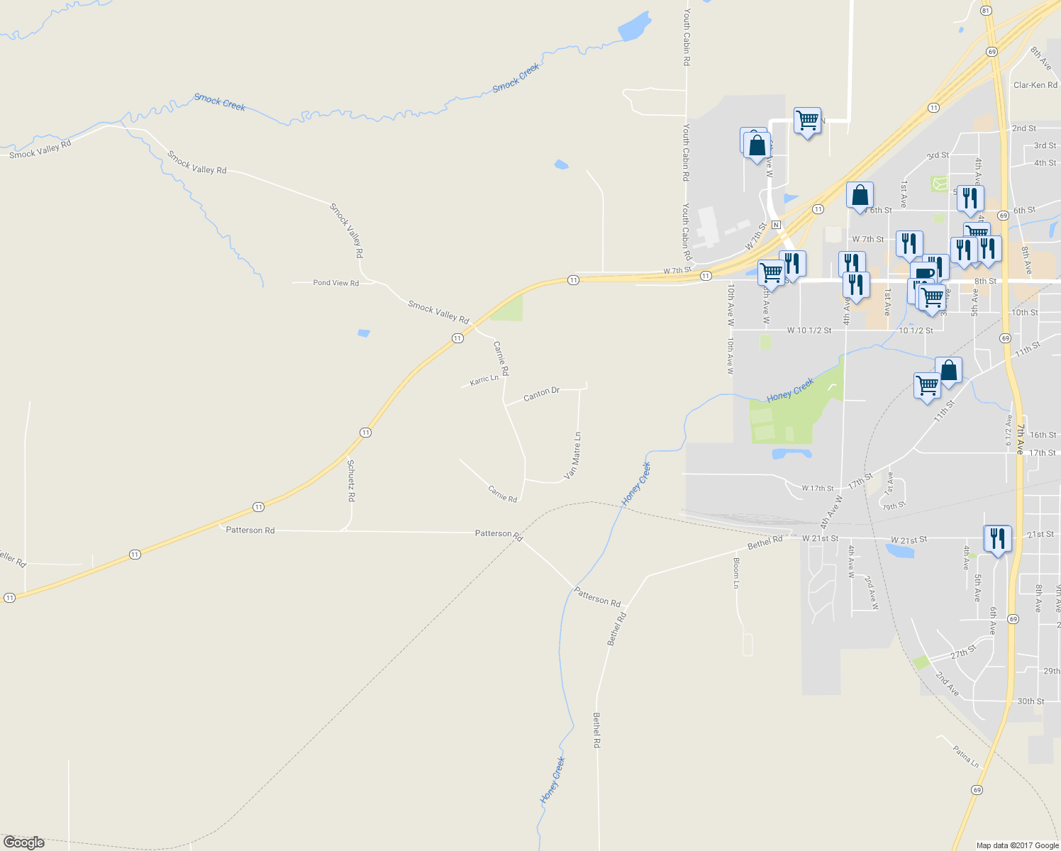 map of restaurants, bars, coffee shops, grocery stores, and more near N2520 Carnie Road in Monroe