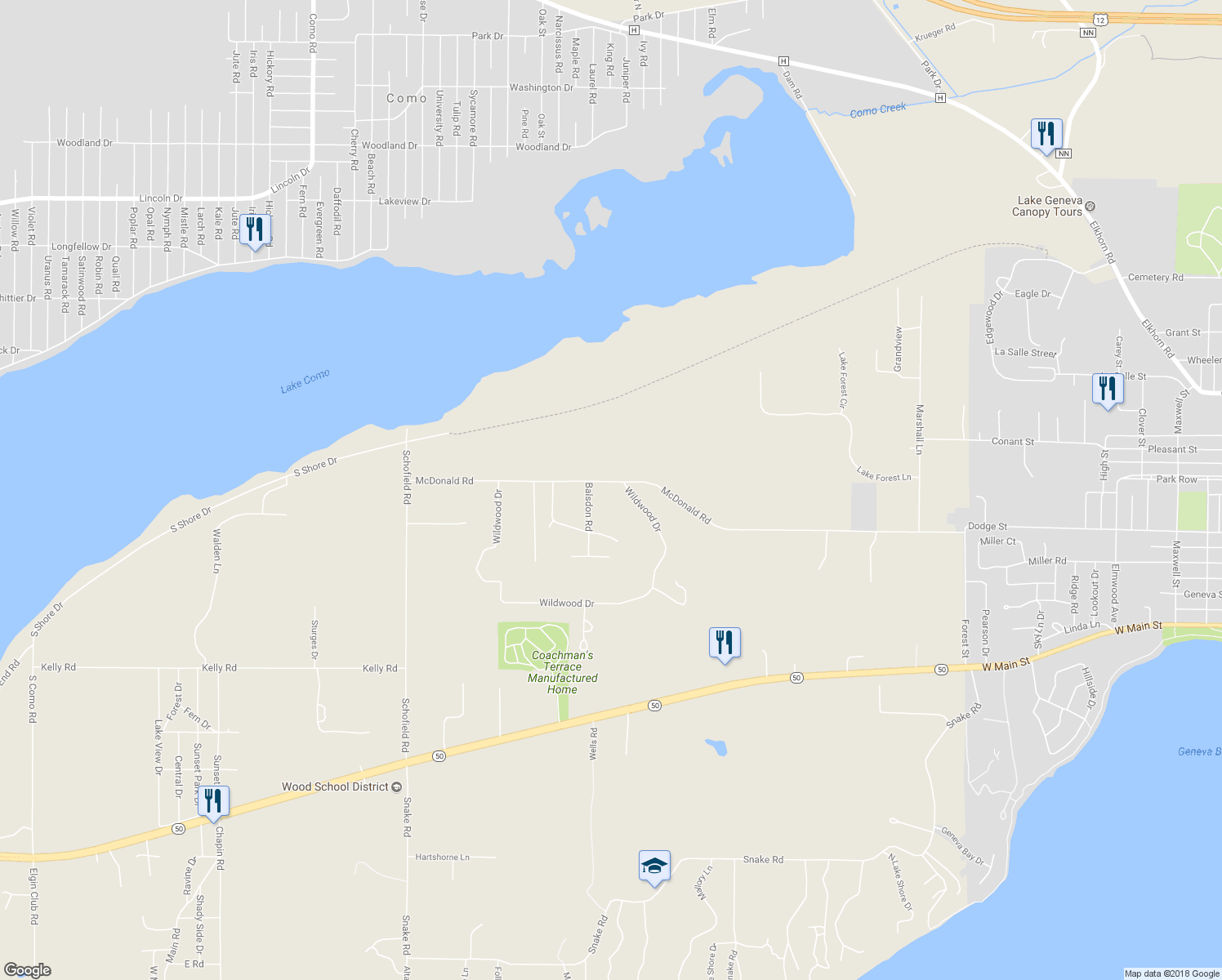map of restaurants, bars, coffee shops, grocery stores, and more near W3491 McDonald Road in Lake Geneva