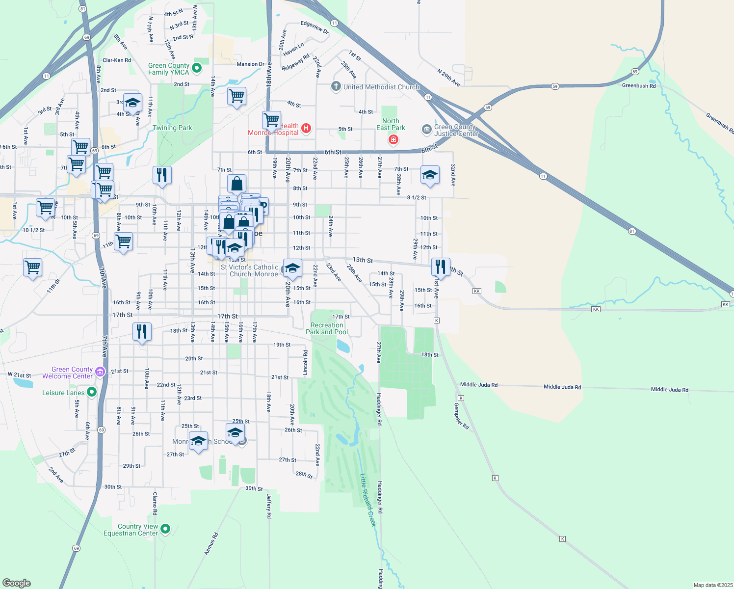 map of restaurants, bars, coffee shops, grocery stores, and more near 2415 16th Street in Monroe