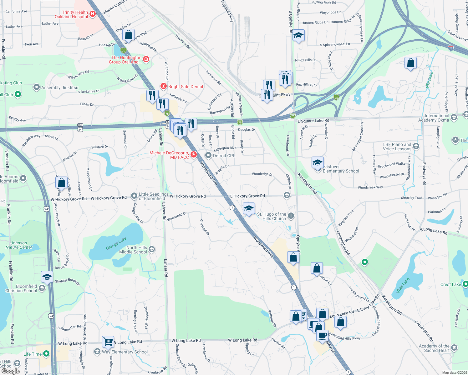 map of restaurants, bars, coffee shops, grocery stores, and more near 177 E Hickory Grove Rd in Bloomfield Hills