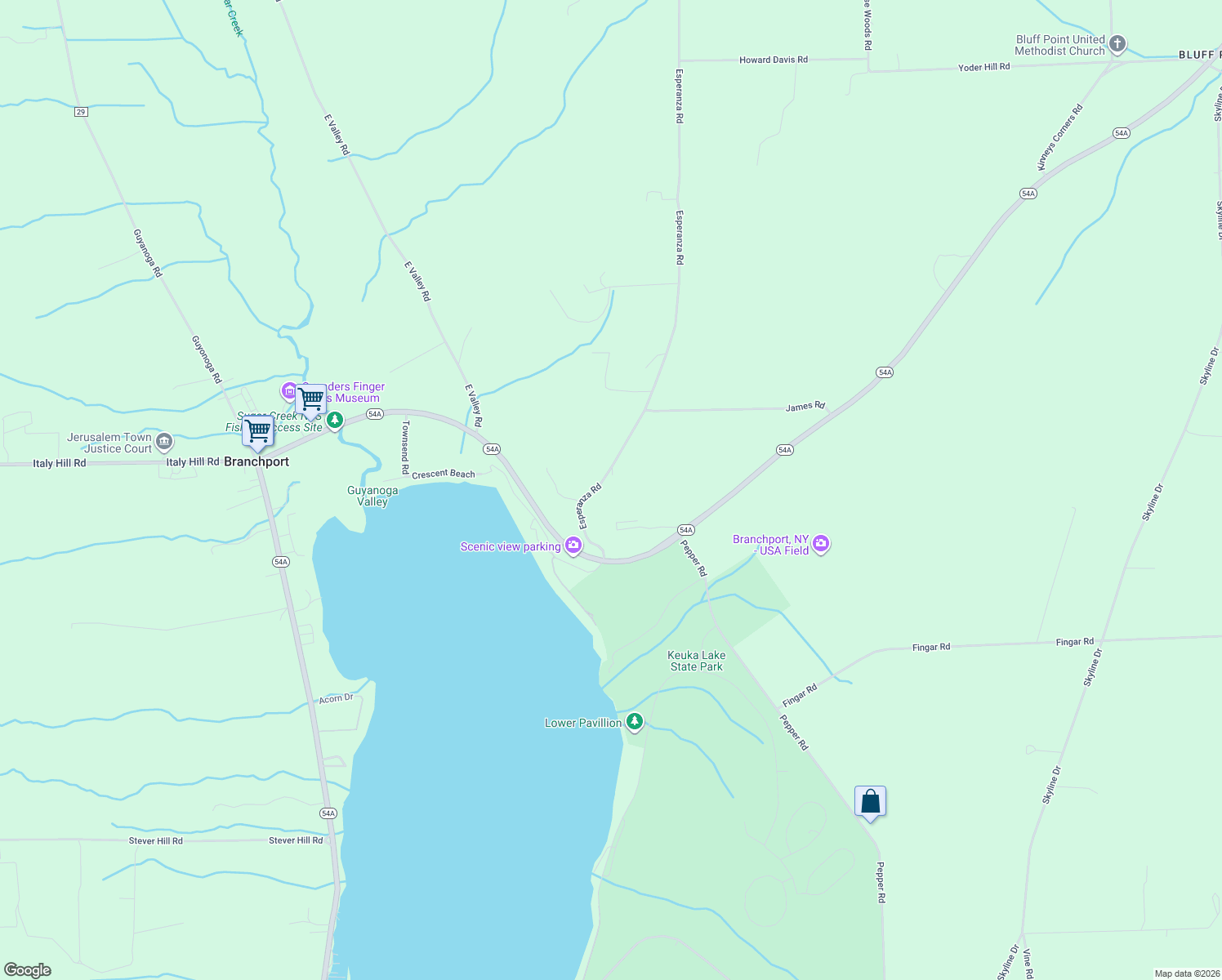 map of restaurants, bars, coffee shops, grocery stores, and more near 3419 Esperanza Road in Keuka Park