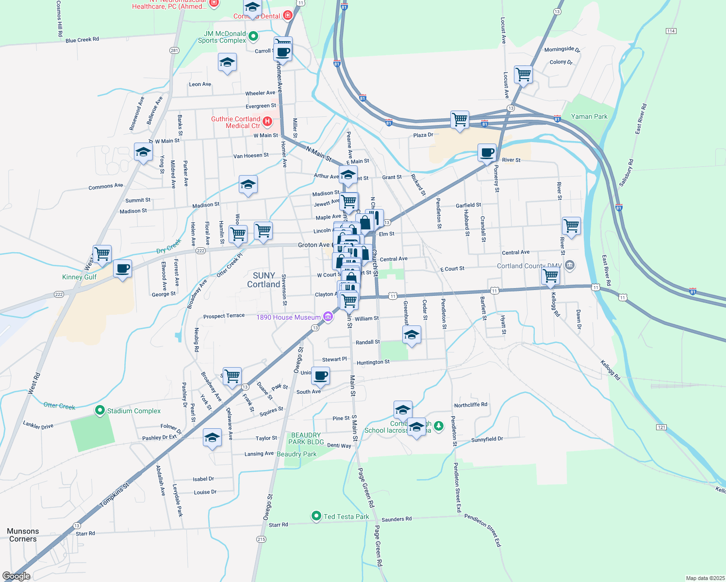 map of restaurants, bars, coffee shops, grocery stores, and more near 24-26 Port Watson St in Cortland