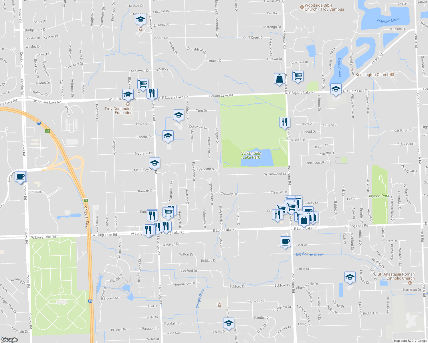 map of restaurants, bars, coffee shops, grocery stores, and more near 5473 Falmouth Drive in Troy