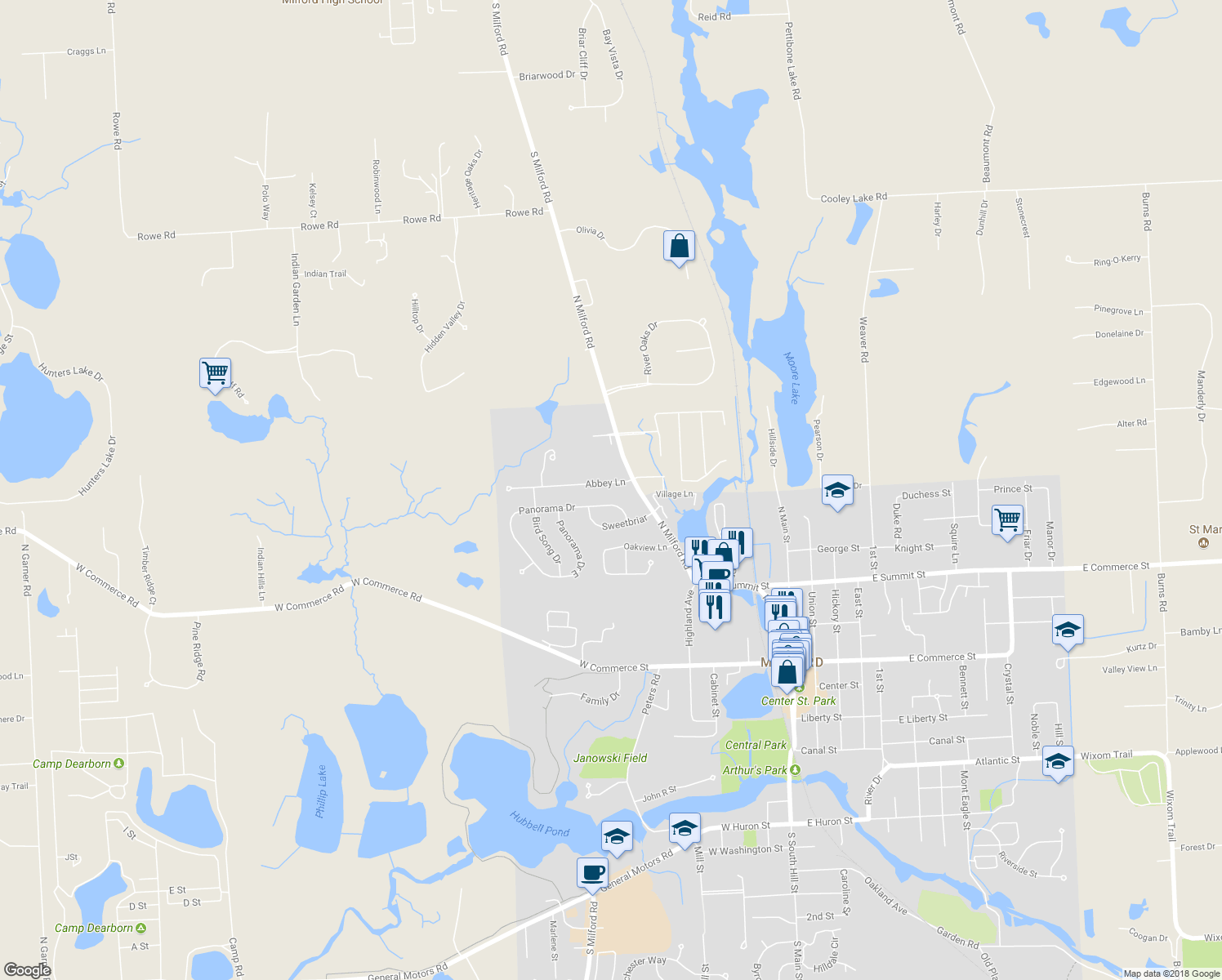 map of restaurants, bars, coffee shops, grocery stores, and more near 739 Abbey Lane in Milford Charter Township