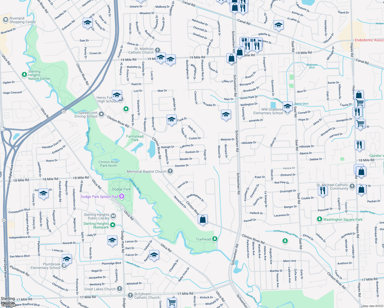 map of restaurants, bars, coffee shops, grocery stores, and more near 12842 Docksin Drive in Sterling Heights