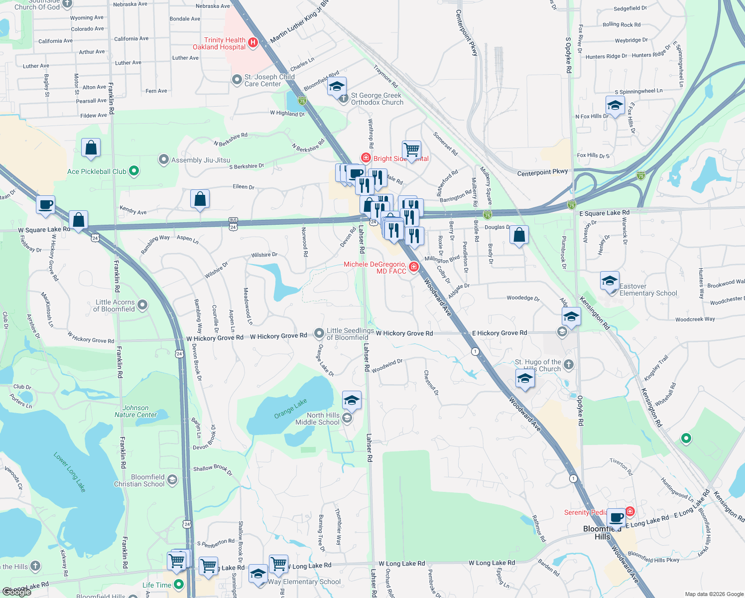 map of restaurants, bars, coffee shops, grocery stores, and more near 2865 Lahser Rd in Bloomfield Hills