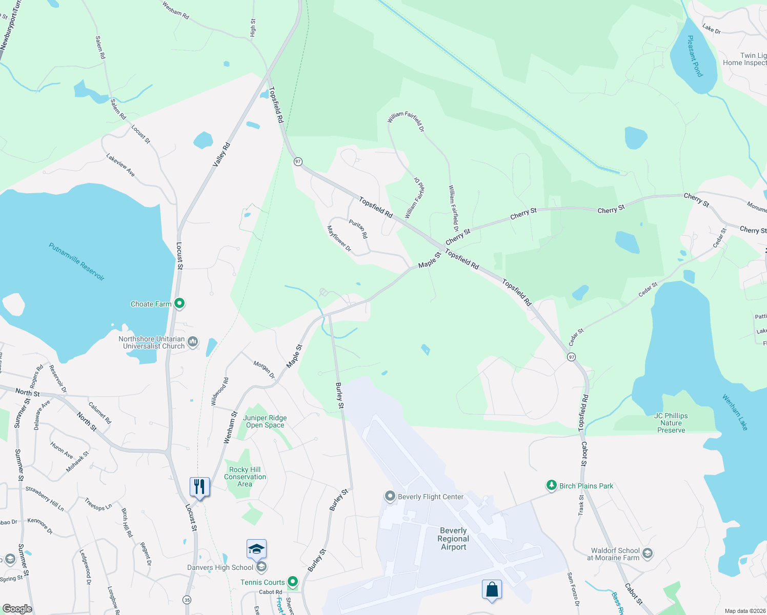 map of restaurants, bars, coffee shops, grocery stores, and more near 47 Maple Street in Wenham