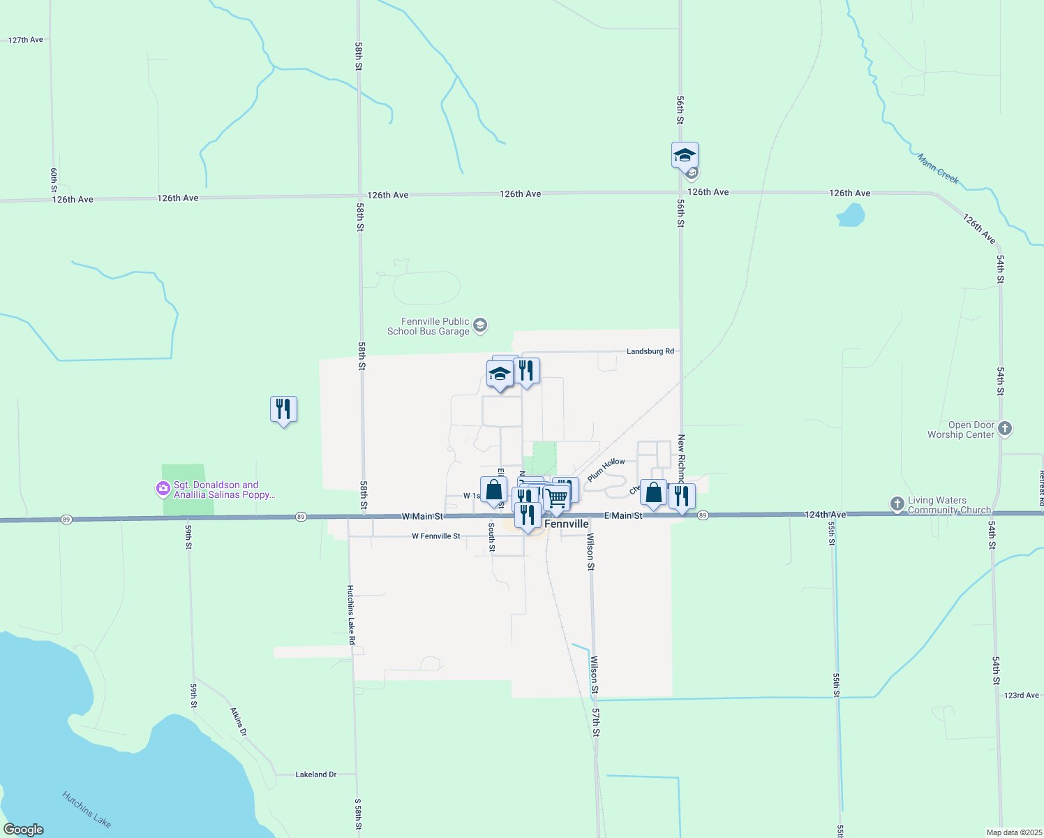 map of restaurants, bars, coffee shops, grocery stores, and more near 450 N Maple St in Fennville