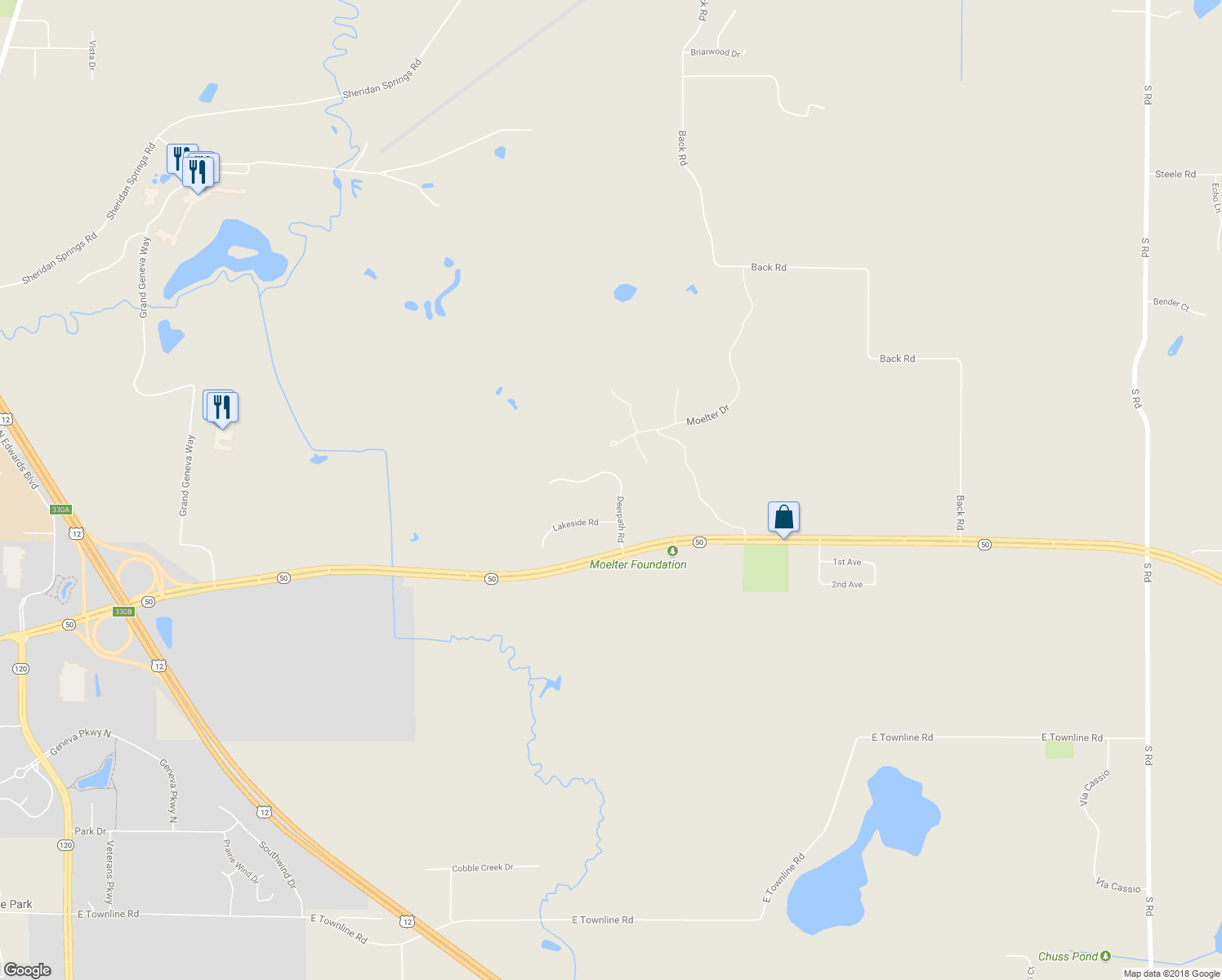 map of restaurants, bars, coffee shops, grocery stores, and more near 2966 Deerpath Road in Lake Geneva