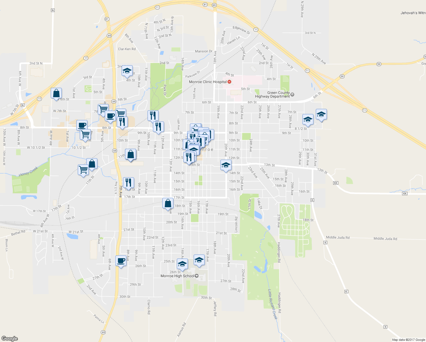 map of restaurants, bars, coffee shops, grocery stores, and more near 1723 14th Street in Monroe