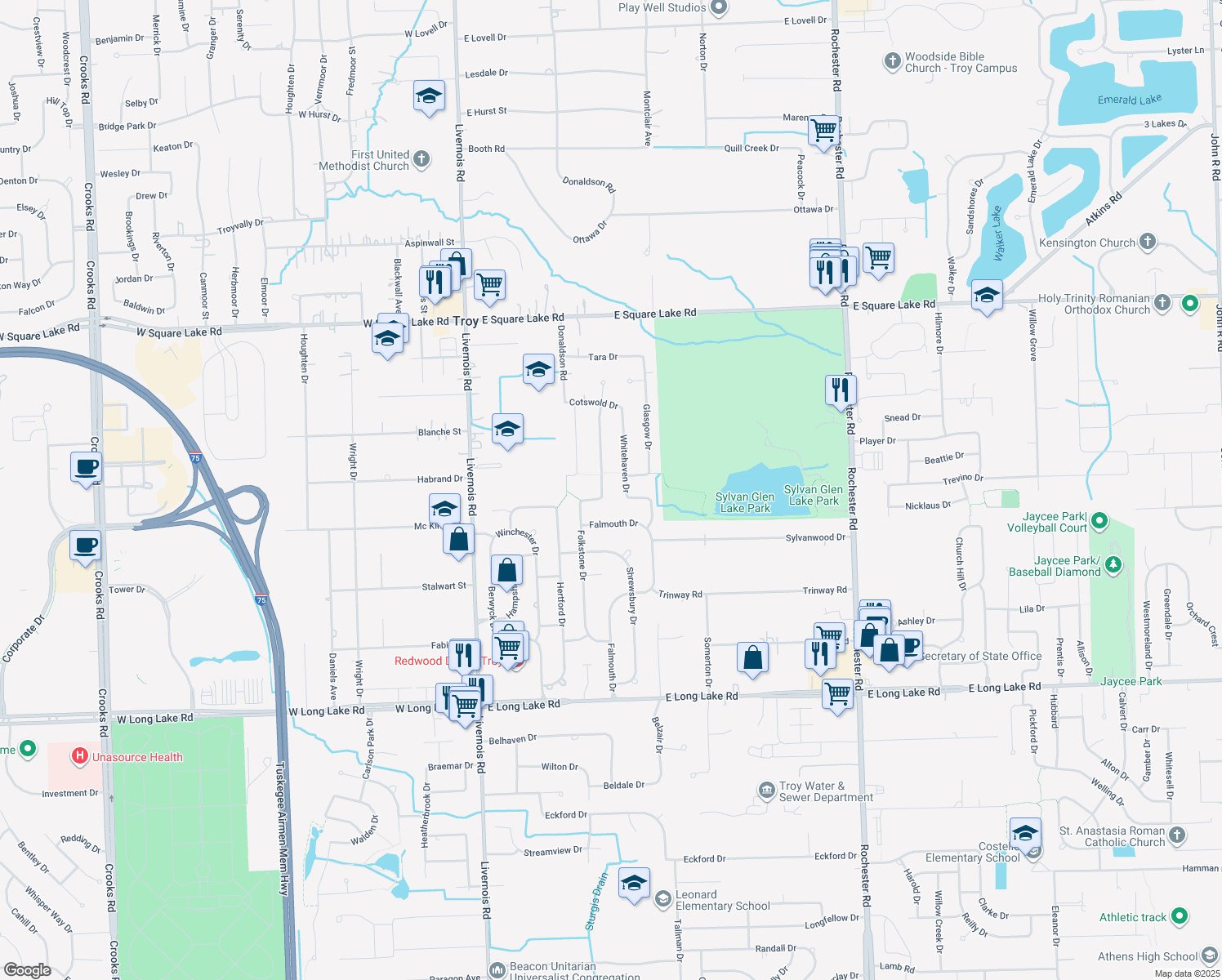 map of restaurants, bars, coffee shops, grocery stores, and more near 5598 Folkstone Dr in Troy