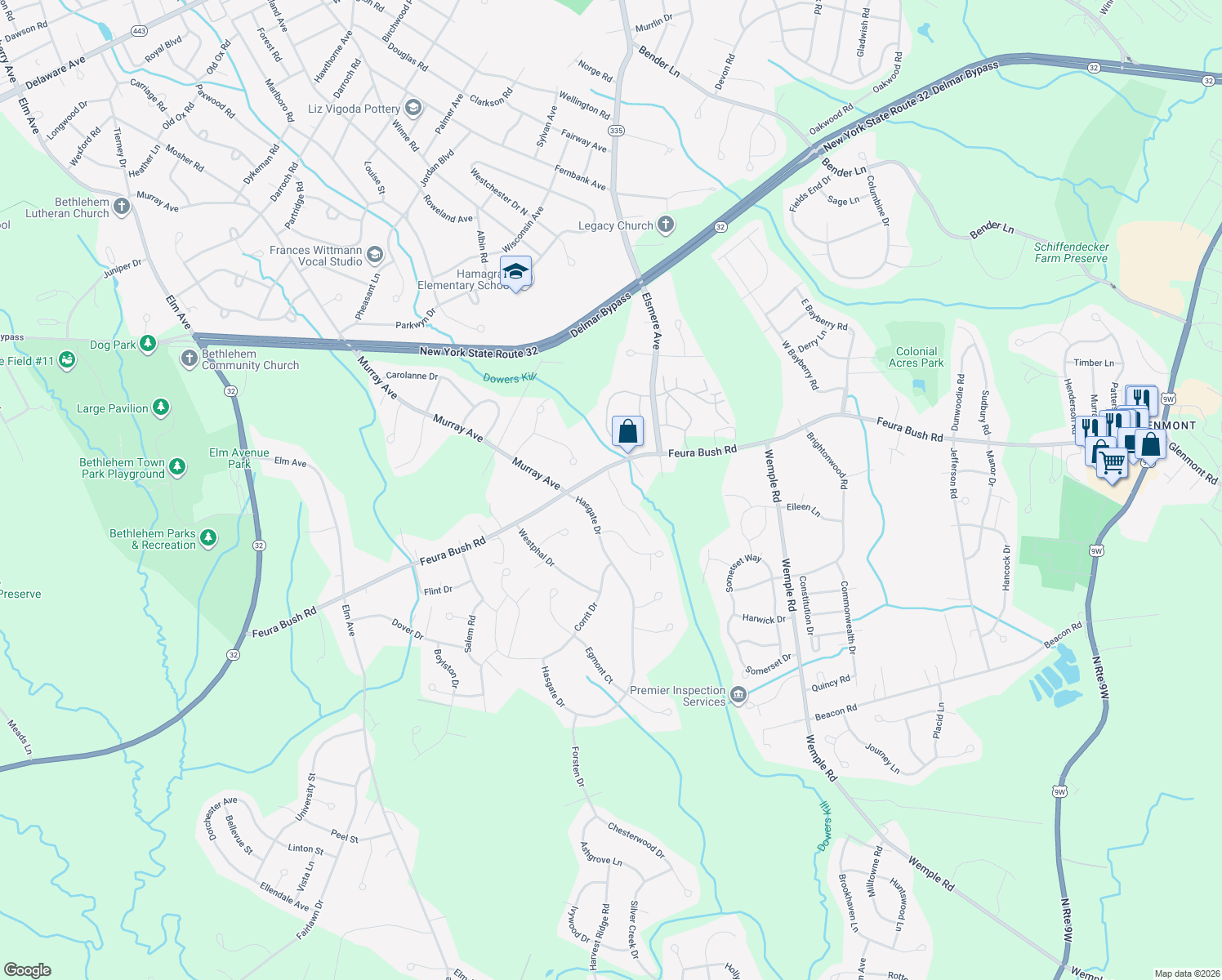 map of restaurants, bars, coffee shops, grocery stores, and more near 11 McCombe Drive in Delmar