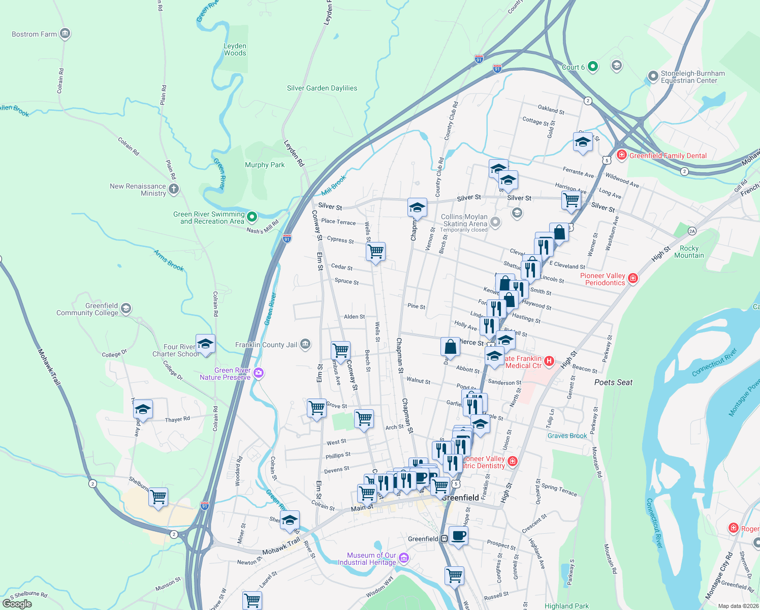 map of restaurants, bars, coffee shops, grocery stores, and more near 275 Wells Street in Greenfield