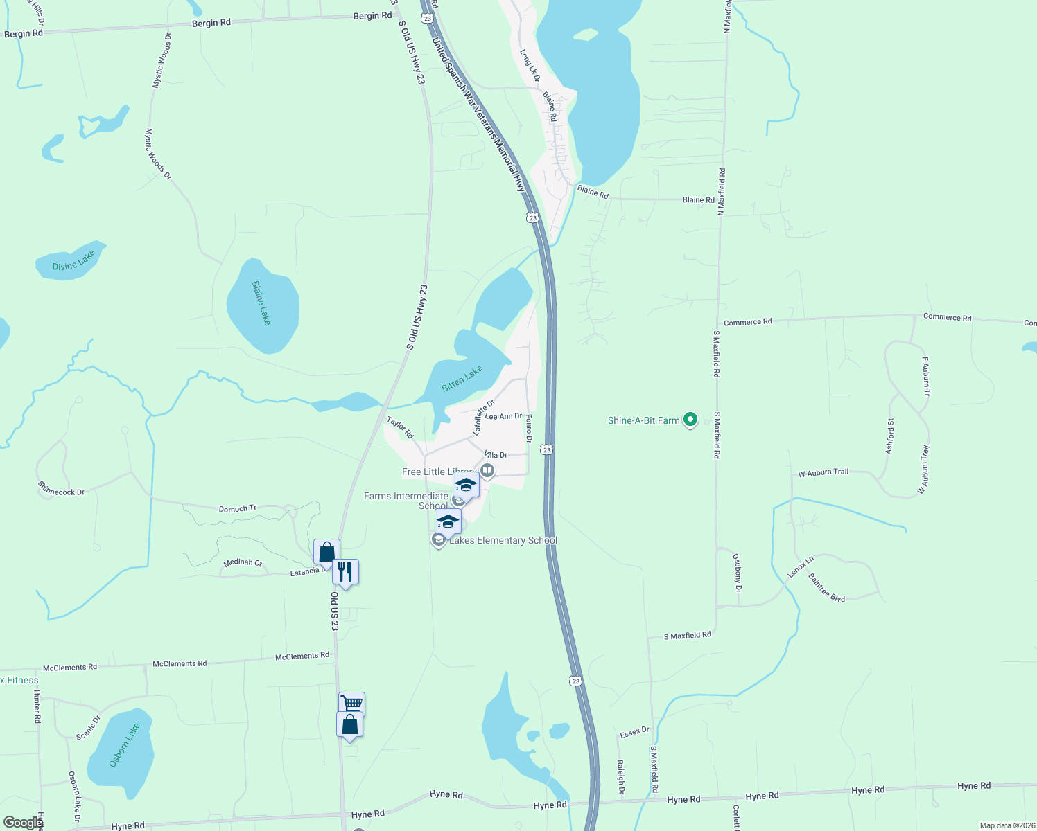 map of restaurants, bars, coffee shops, grocery stores, and more near 10639 Lee Ann Drive in Brighton