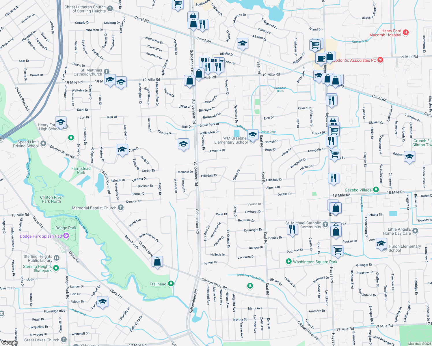 map of restaurants, bars, coffee shops, grocery stores, and more near 13777 Hillsdale Drive in Sterling Heights