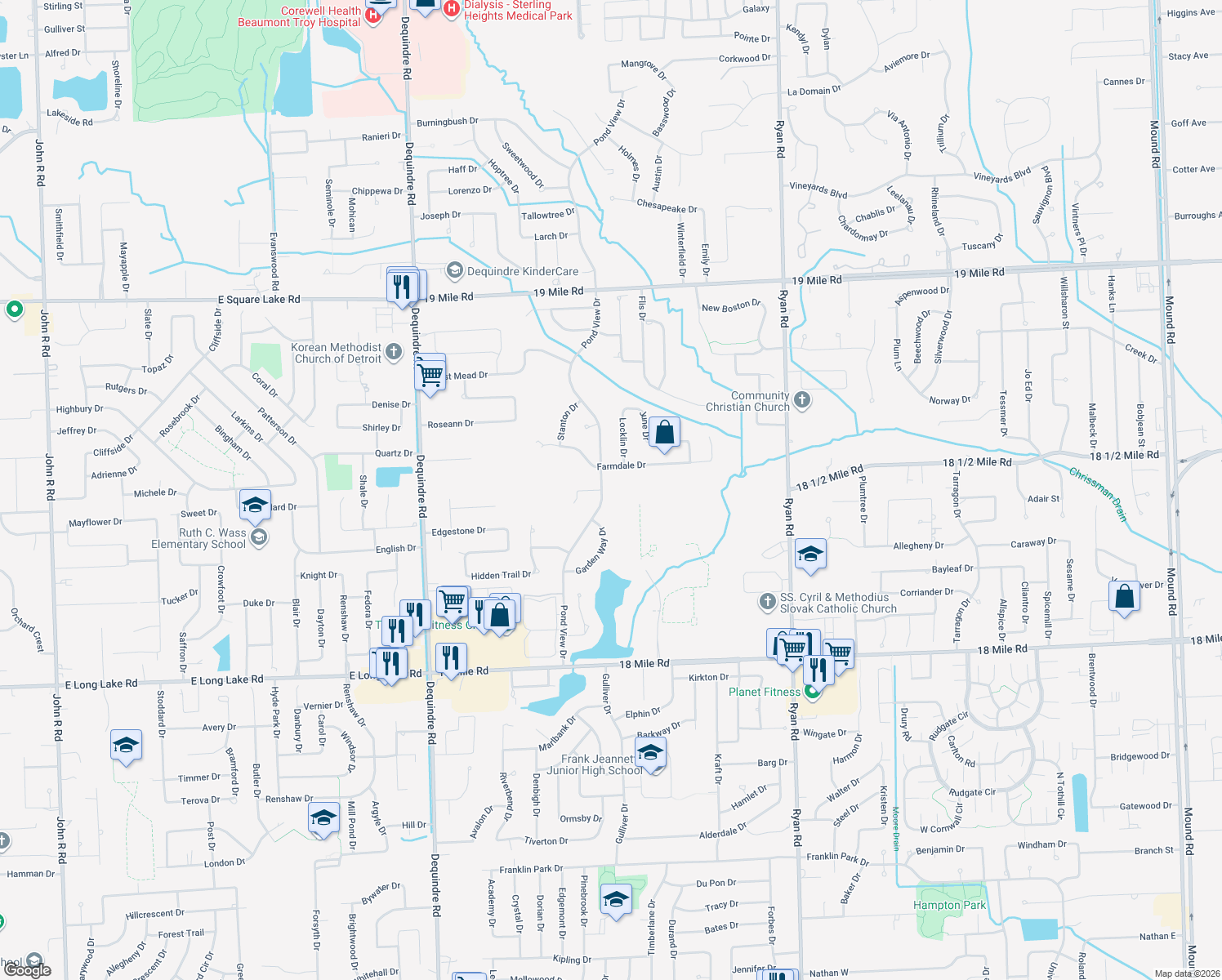 map of restaurants, bars, coffee shops, grocery stores, and more near 42002 Pond View Drive in Sterling Heights