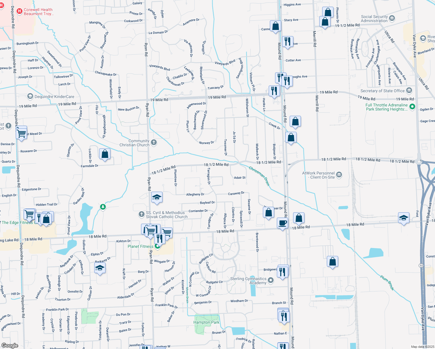 map of restaurants, bars, coffee shops, grocery stores, and more near 4847 Maceri Circle in Sterling Heights