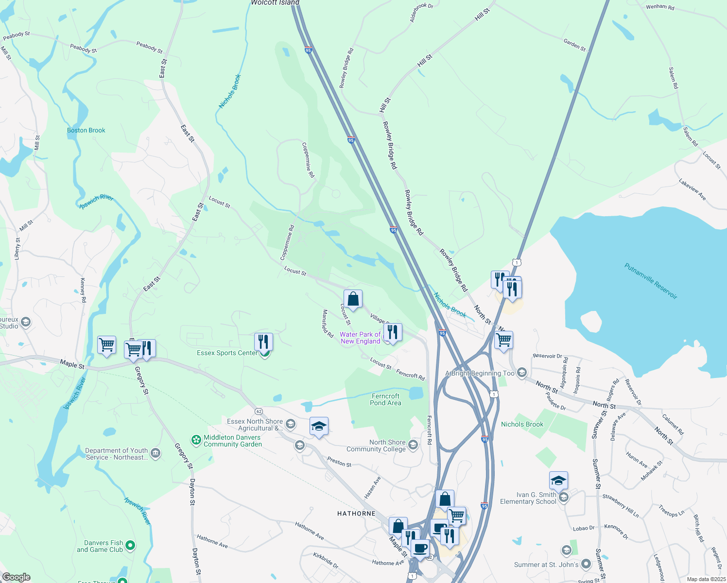 map of restaurants, bars, coffee shops, grocery stores, and more near 36 Village Road in Middleton