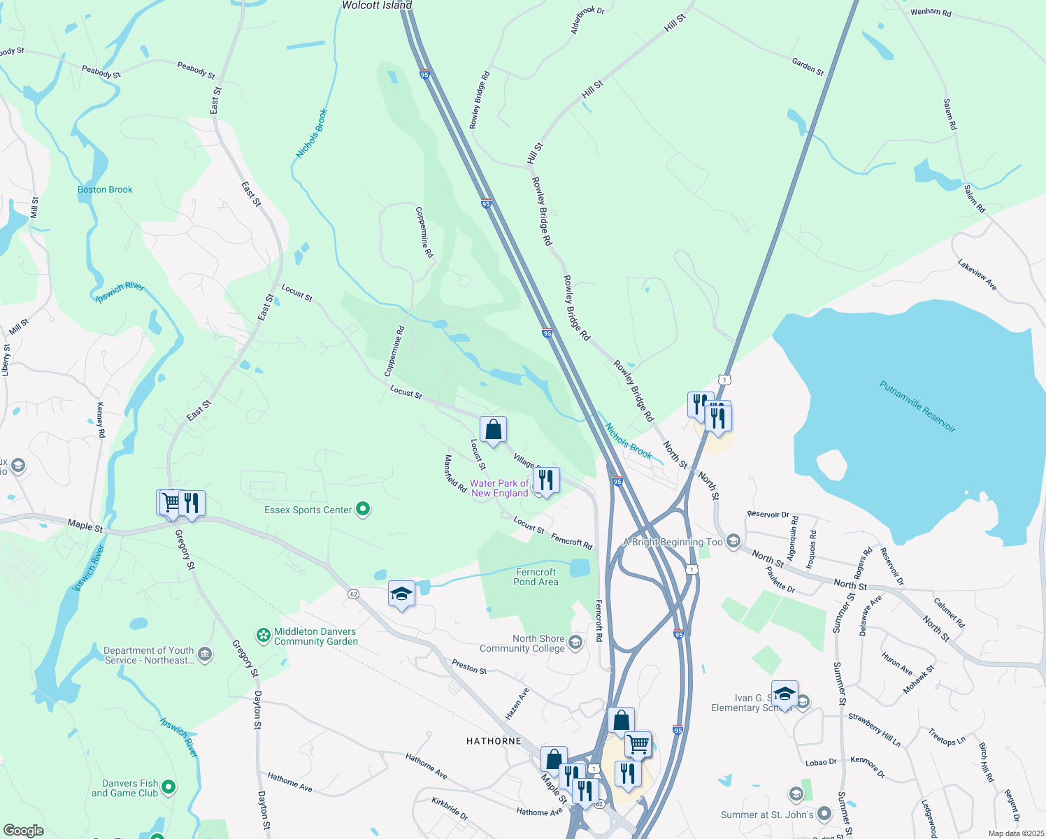 map of restaurants, bars, coffee shops, grocery stores, and more near 36 Village Road in Middleton