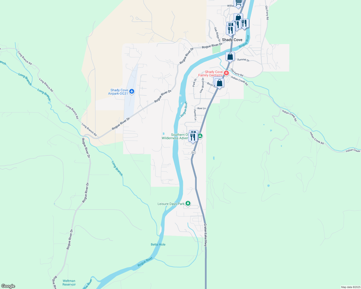 map of restaurants, bars, coffee shops, grocery stores, and more near 194 Castaline Pl in Shady Cove