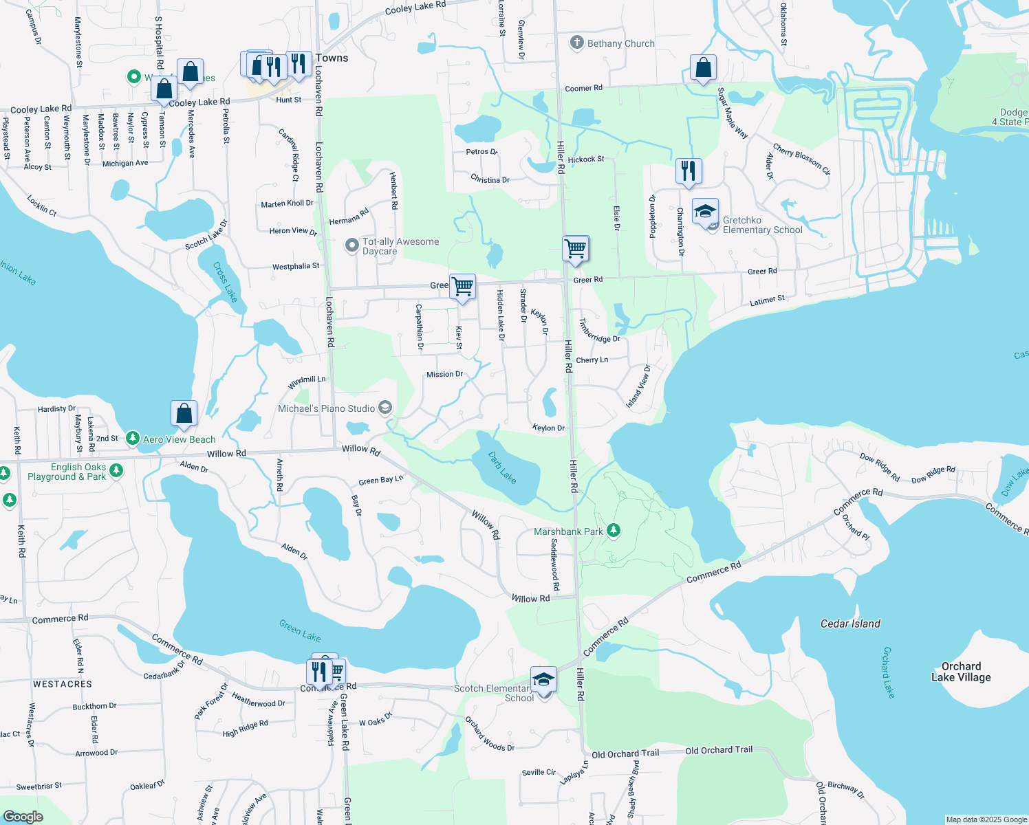 map of restaurants, bars, coffee shops, grocery stores, and more near 2363 Hidden Lake Court in West Bloomfield Township