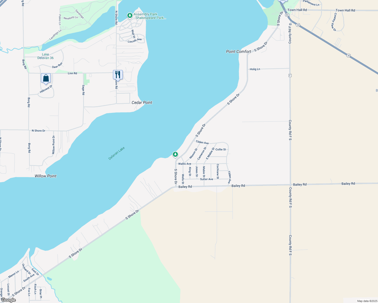 map of restaurants, bars, coffee shops, grocery stores, and more near 2612 South Shore Drive in Delavan