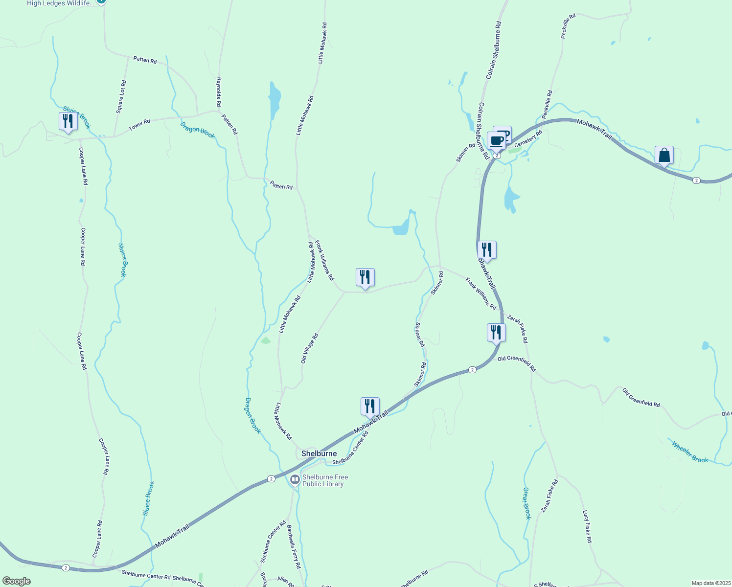 map of restaurants, bars, coffee shops, grocery stores, and more near 166 Frank Williams Road in Shelburne Falls