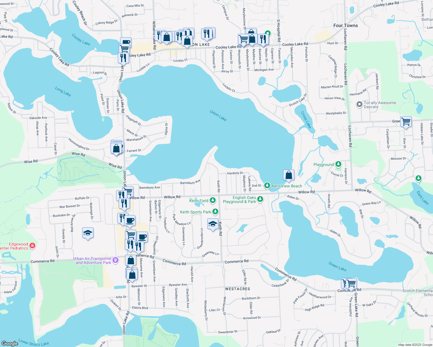 map of restaurants, bars, coffee shops, grocery stores, and more near 2340 Keith Rd in West Bloomfield Township