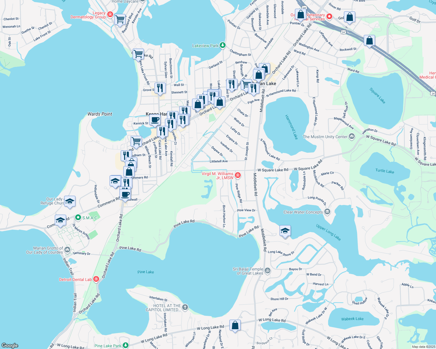 map of restaurants, bars, coffee shops, grocery stores, and more near 2575 W Square Lake Rd in West Bloomfield Township