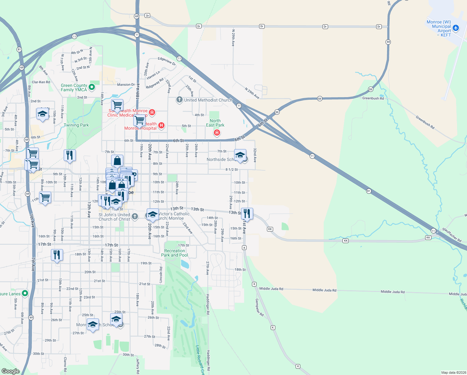 map of restaurants, bars, coffee shops, grocery stores, and more near 1016 29th Ave in Monroe