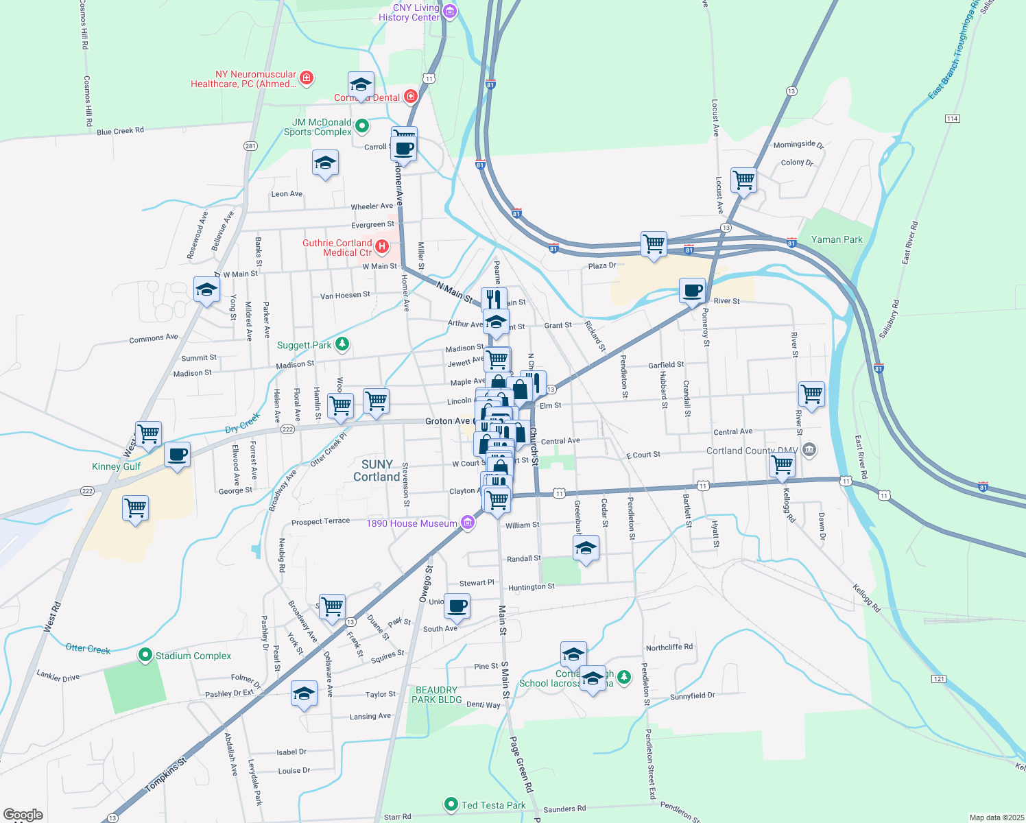 map of restaurants, bars, coffee shops, grocery stores, and more near 29 Clinton Avenue in Cortland