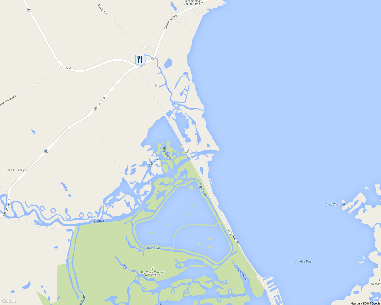 map of restaurants, bars, coffee shops, grocery stores, and more near 1002 Long Point Road in Port Rowan