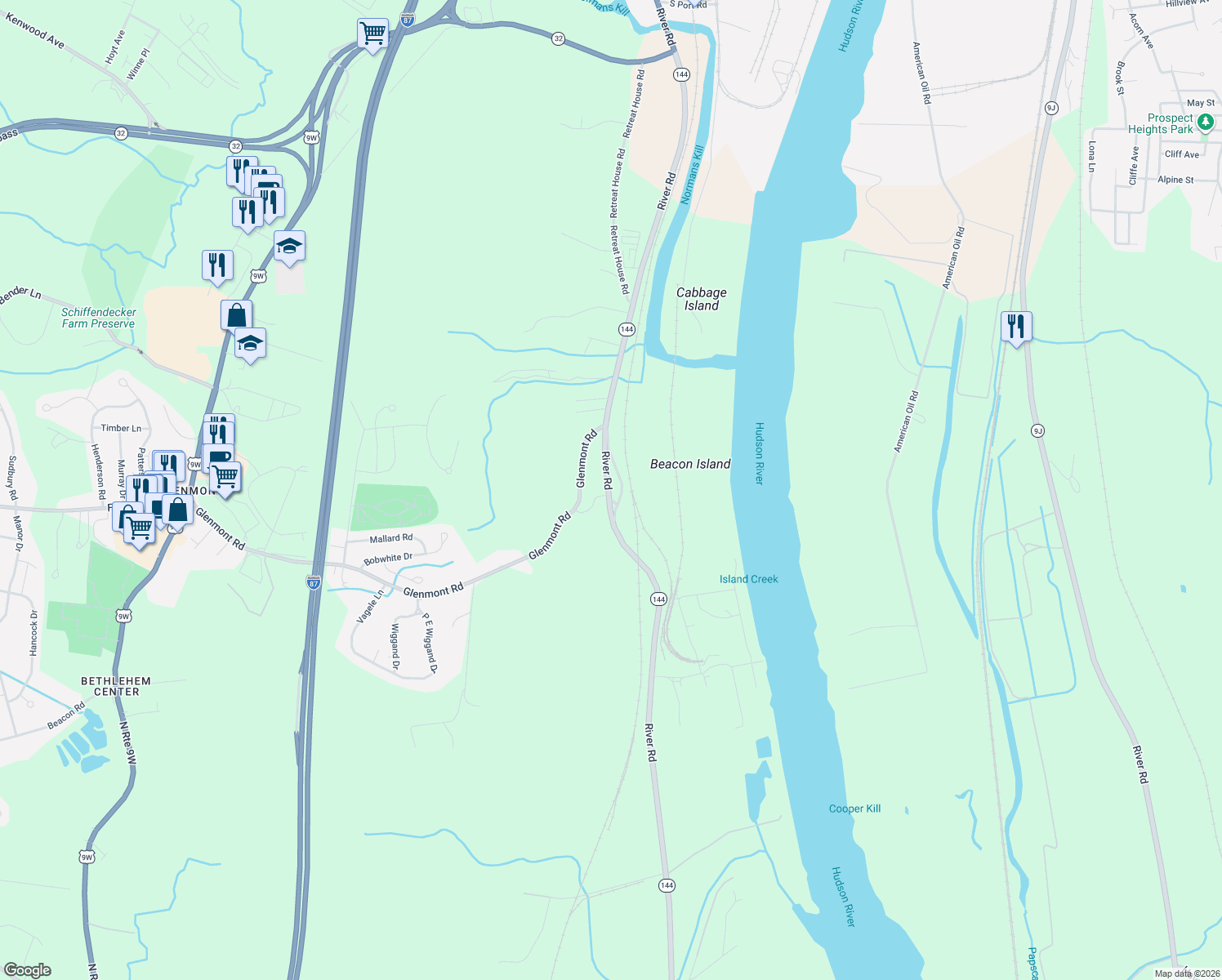 map of restaurants, bars, coffee shops, grocery stores, and more near 278 River Road in Glenmont