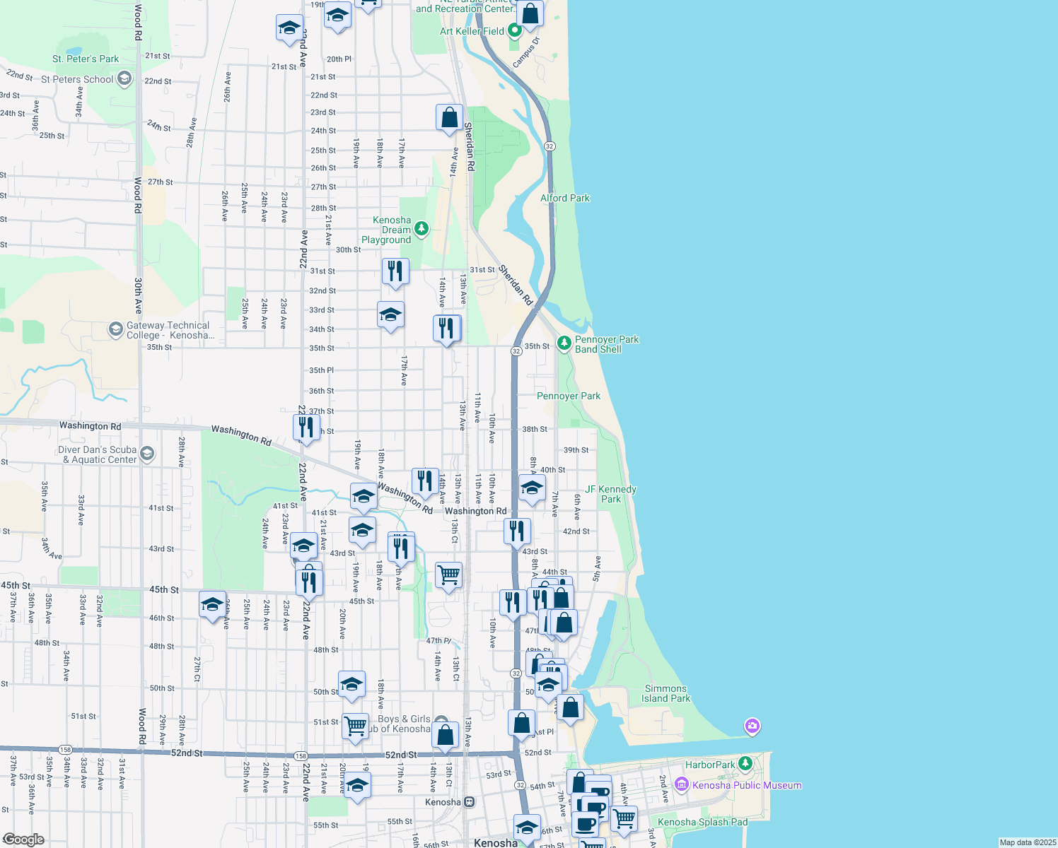 map of restaurants, bars, coffee shops, grocery stores, and more near 804 38th Street in Kenosha