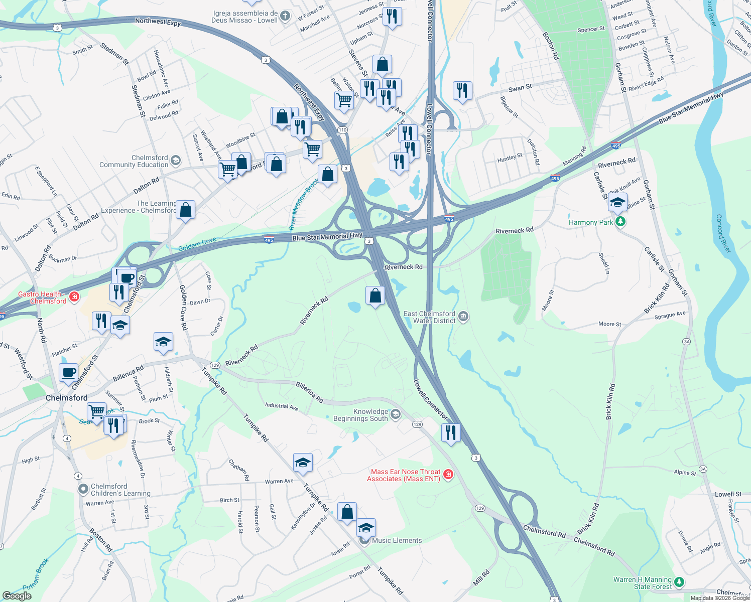map of restaurants, bars, coffee shops, grocery stores, and more near 12 Mcfarlin Road in Chelmsford