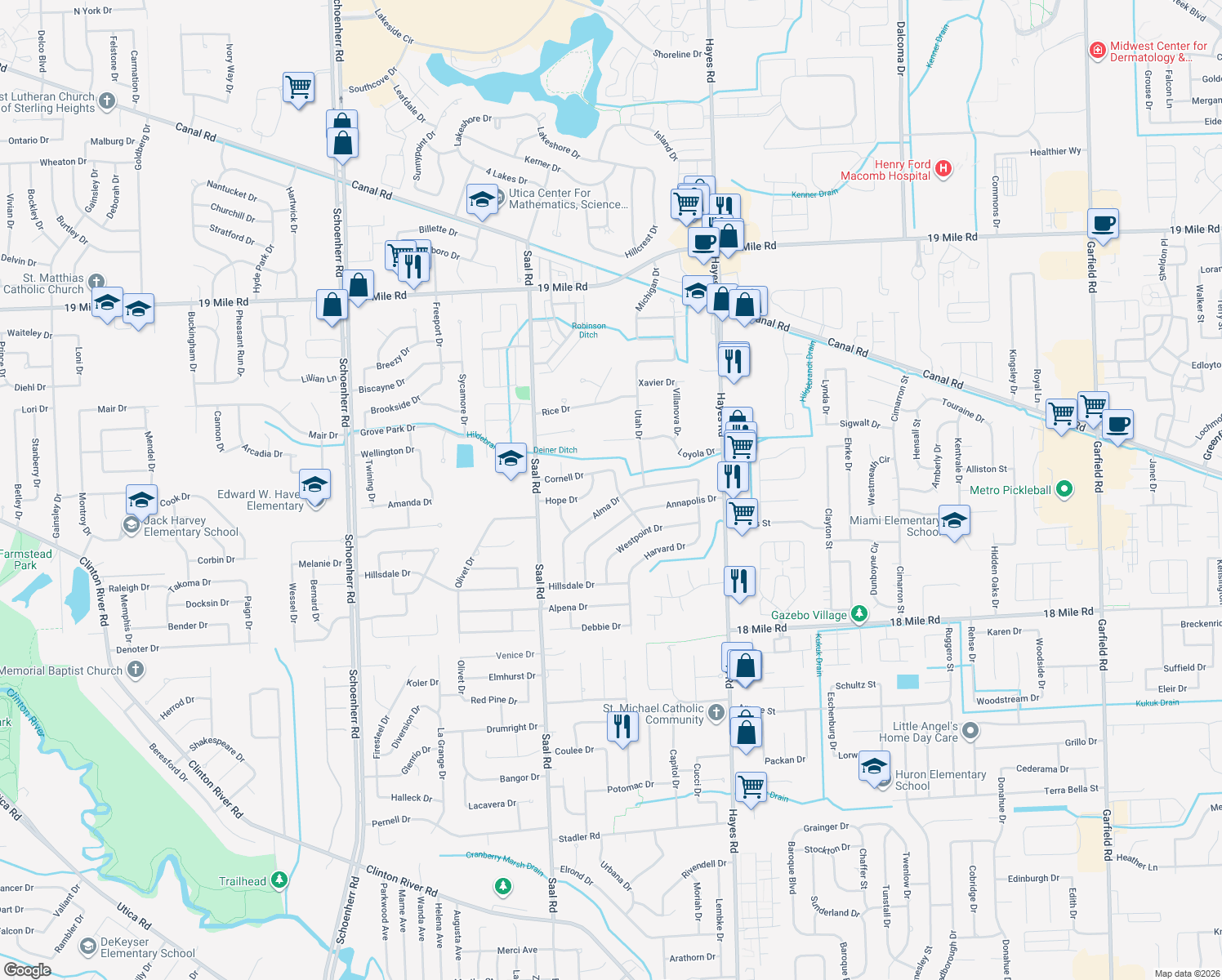 map of restaurants, bars, coffee shops, grocery stores, and more near 41827 Vanderbilt Drive in Sterling Heights