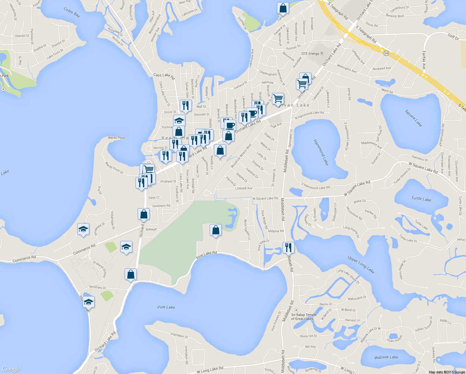 map of restaurants, bars, coffee shops, grocery stores, and more near 2642 Littletell Avenue in West Bloomfield Township