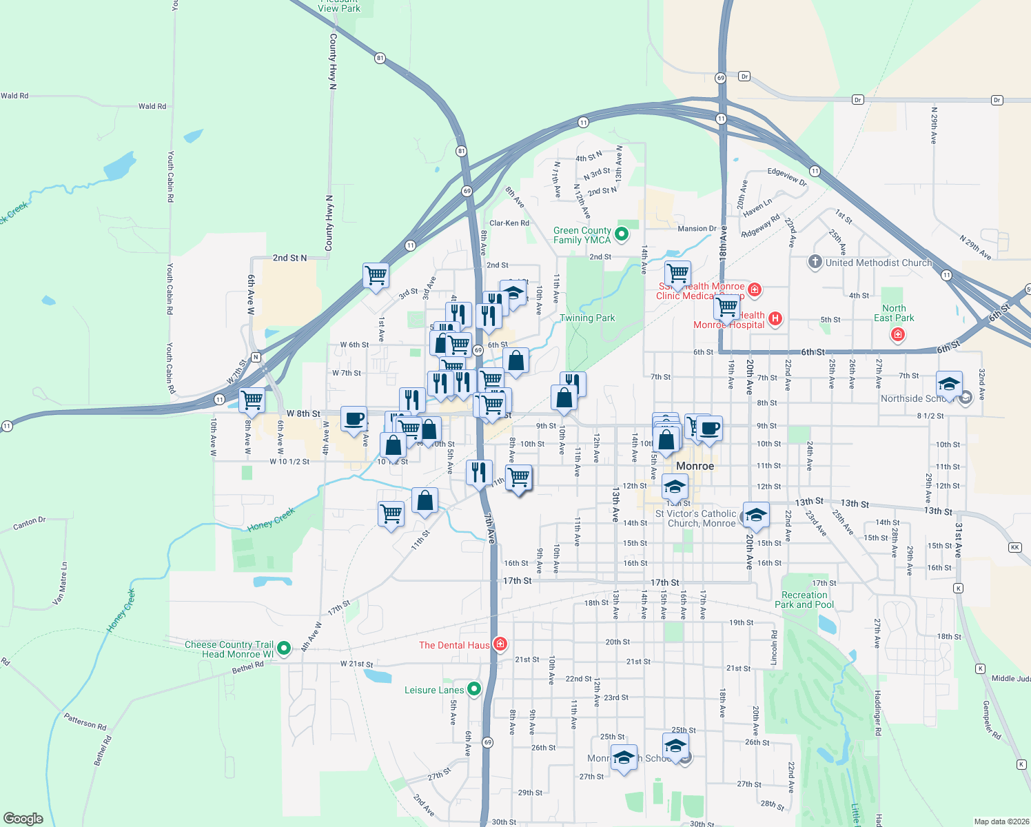 map of restaurants, bars, coffee shops, grocery stores, and more near 806 8th Street in Monroe