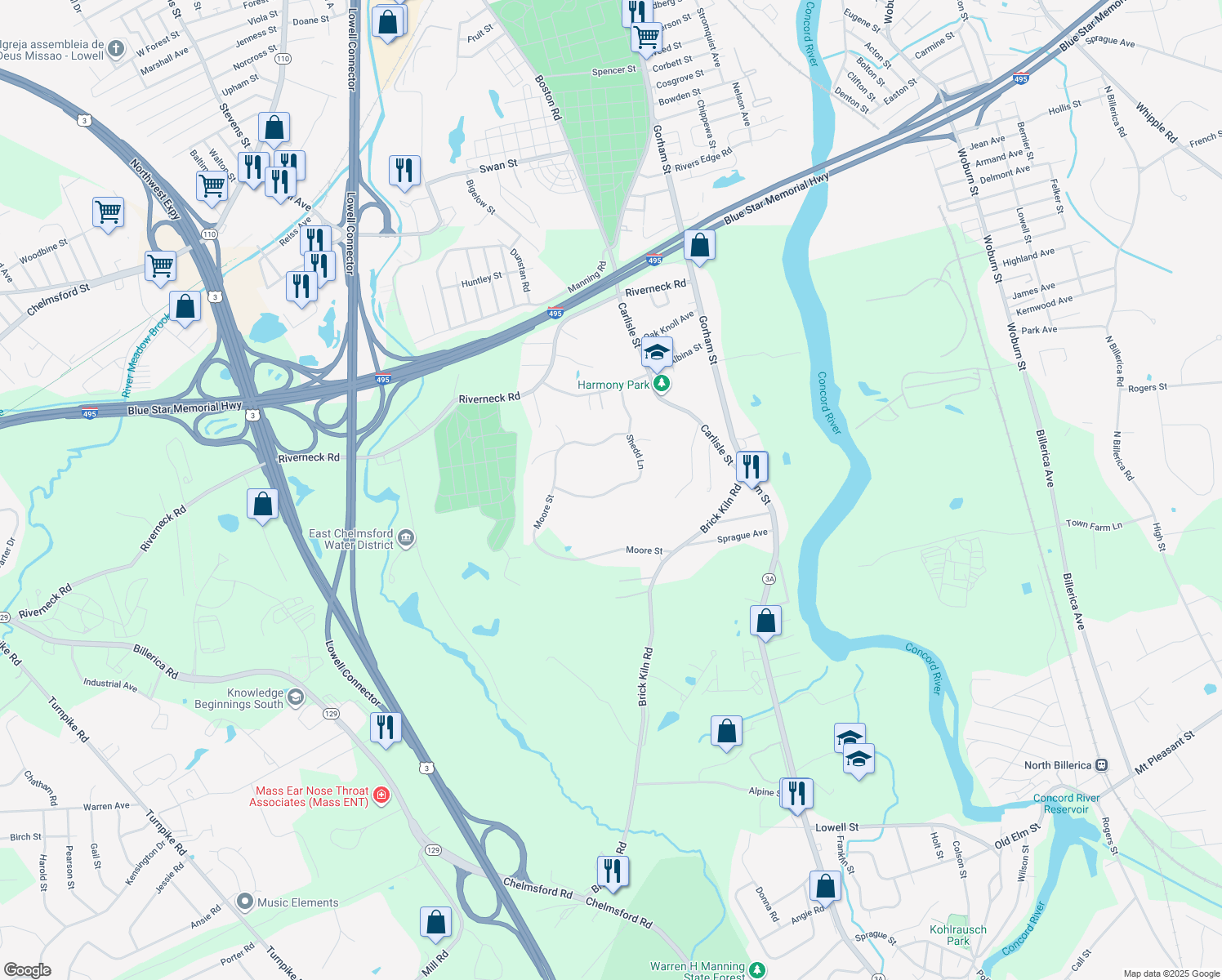 map of restaurants, bars, coffee shops, grocery stores, and more near 20 Shedd Lane in Chelmsford