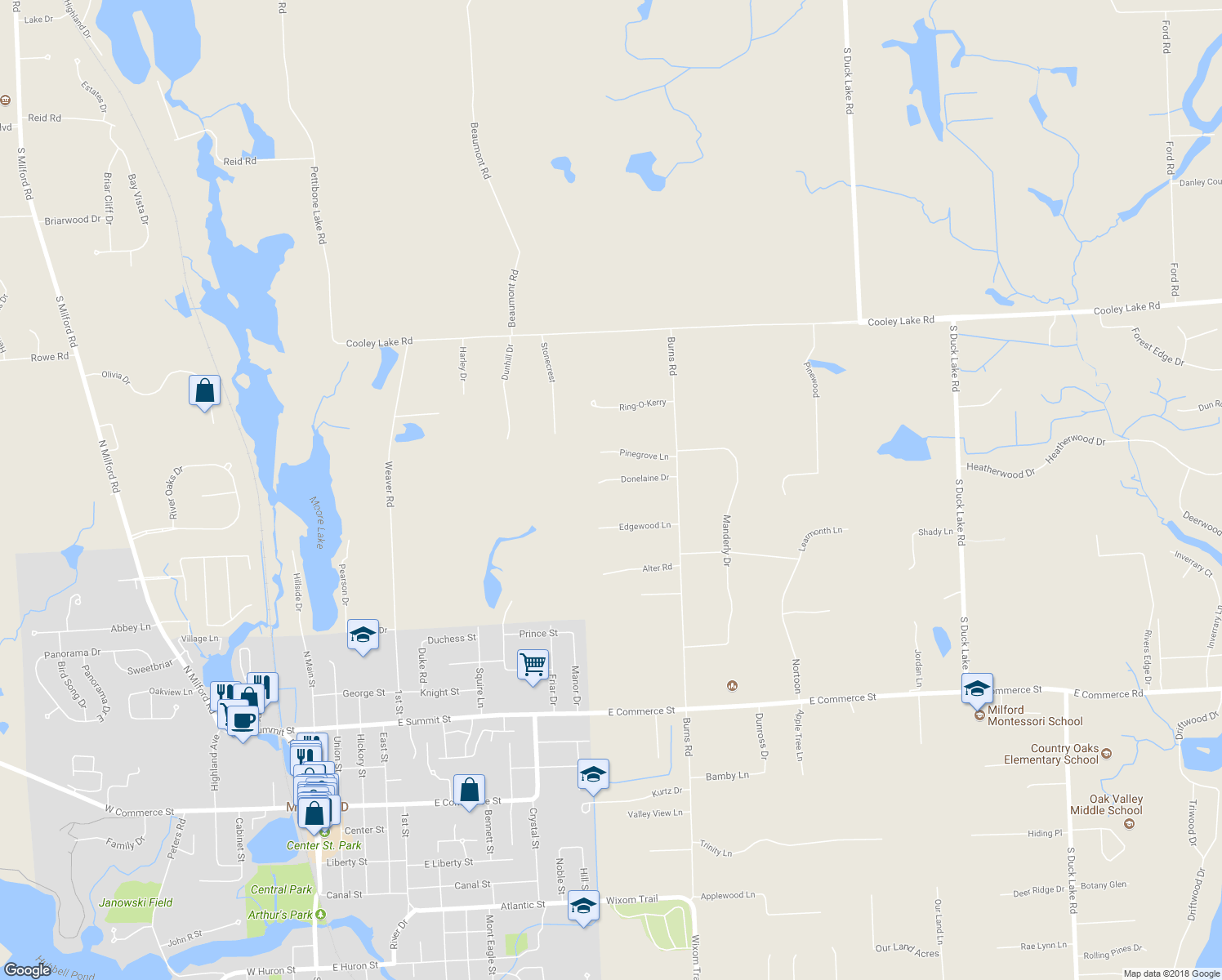 map of restaurants, bars, coffee shops, grocery stores, and more near 1505 Donelaine Drive in Milford Charter Township