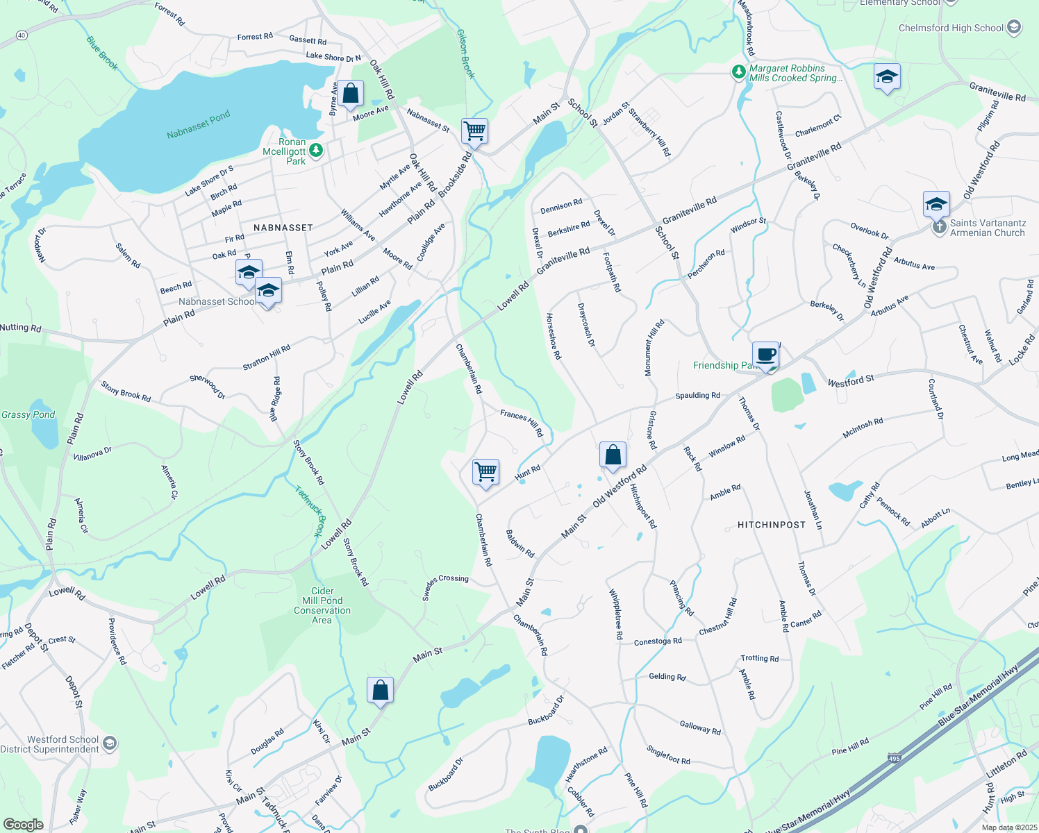 map of restaurants, bars, coffee shops, grocery stores, and more near 10 Frances Hill Road in Westford